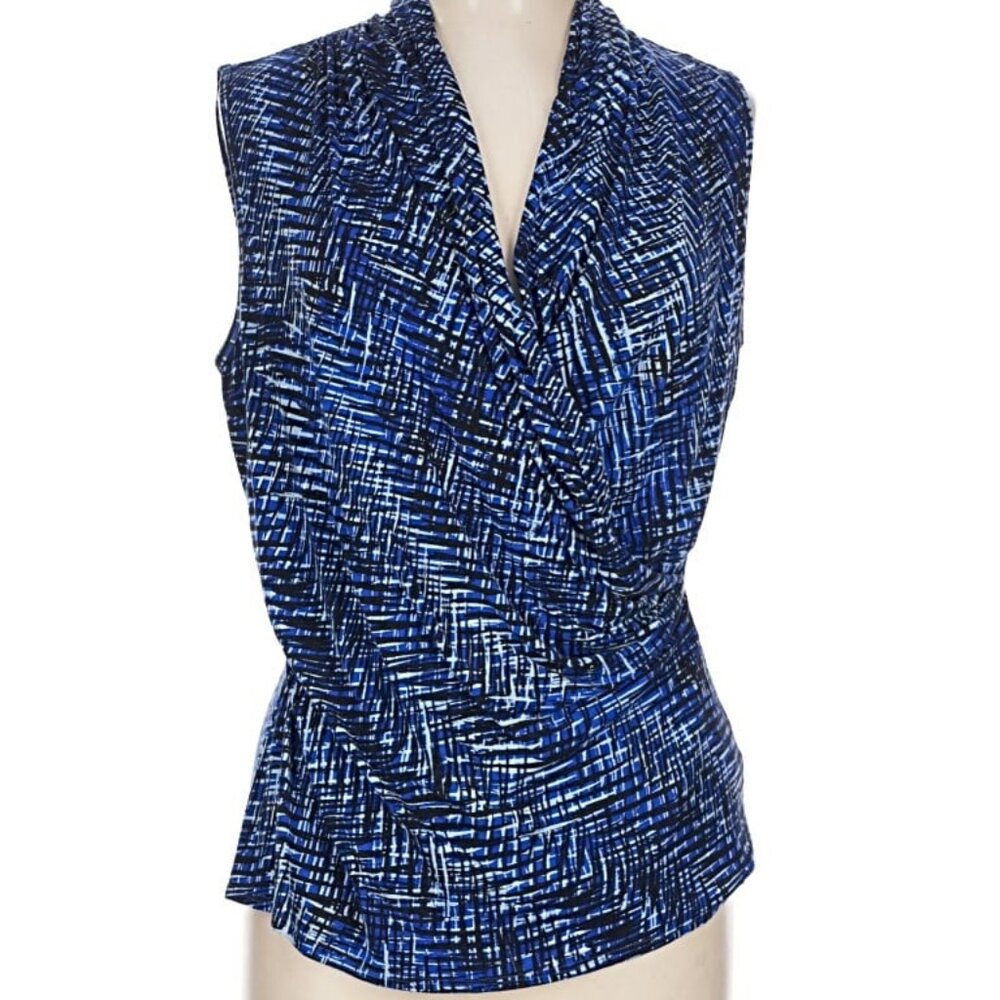 St. John Regal Blue Splatter Check Sleeveless Wrap Top Sz M